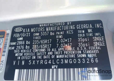 2021 Kia Sorento Lx z USA, uszkodzony, nr VIN 5XYRG4LC3MG033266